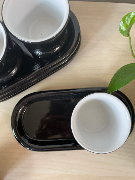 Set of Four - Black and white Handleless Teacup and Oblong Saucer Set