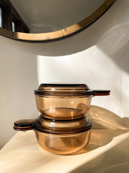 Vintage Corning Visions Amber Grab-it With Lid V-150-B