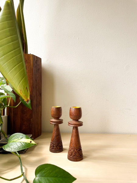 Hand Carved Wood Candlestick Holders