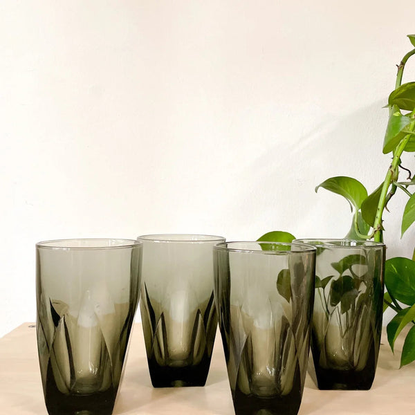 1980s Smokey Glass Vintage Drinking Glasses - Set of Four