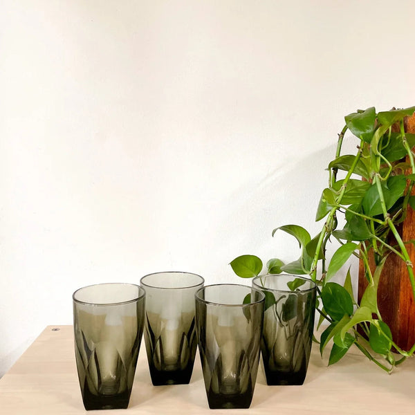 1980s Smokey Glass Vintage Drinking Glasses - Set of Four