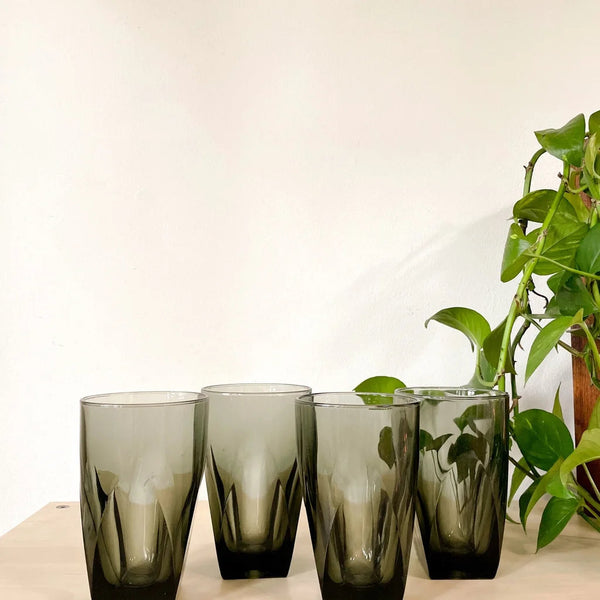 1980s Smokey Glass Vintage Drinking Glasses - Set of Four