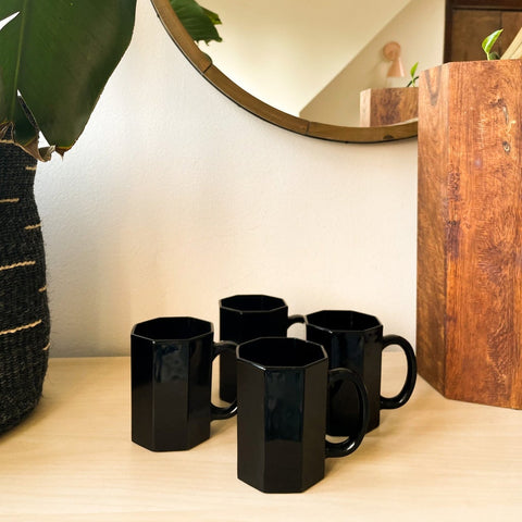 Vintage Arcoroc France Octime Black Glass Octagon Coffee Mug - Set of 4 MCM Mugs